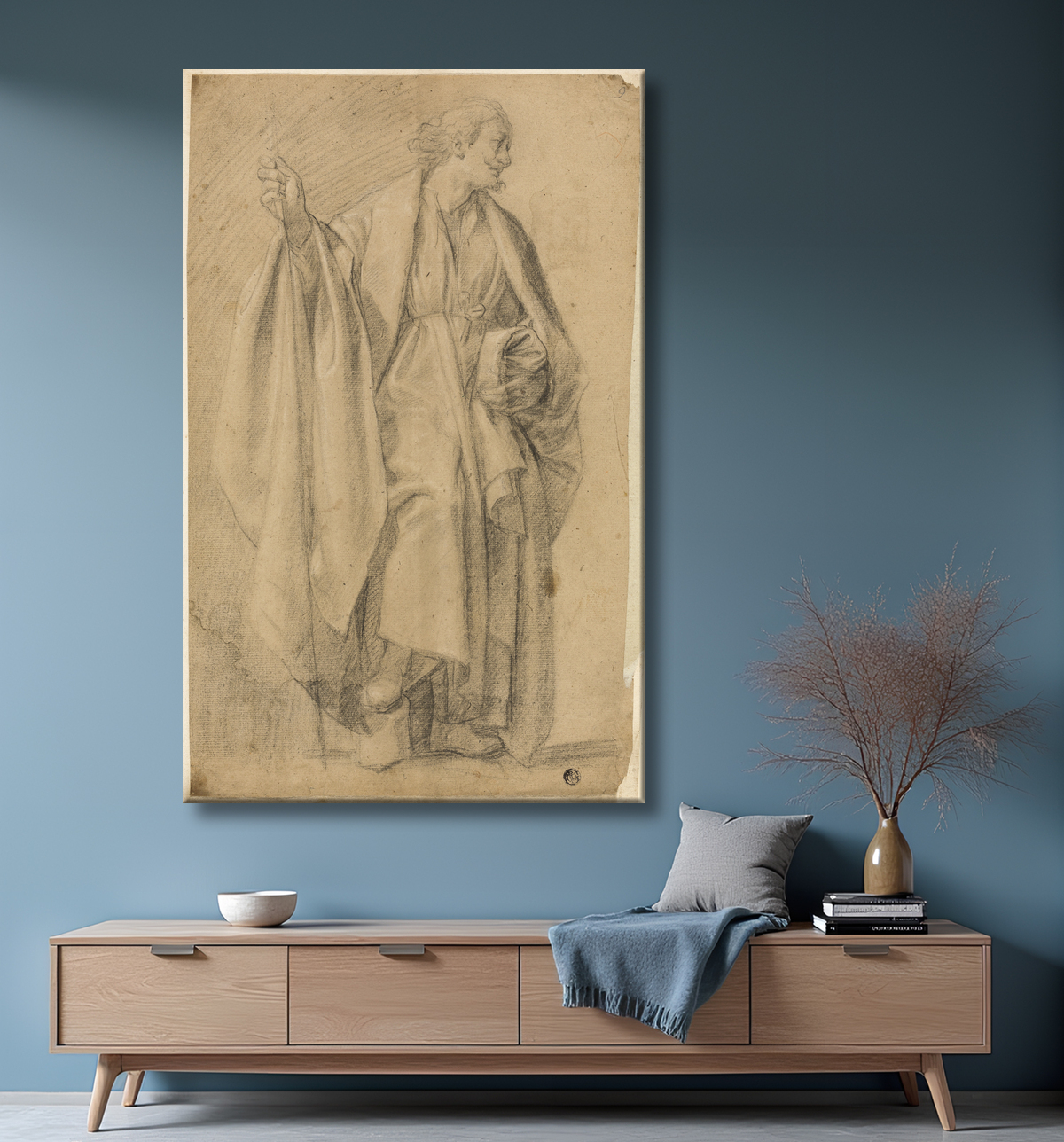 Reproduction Figure masculine drapée debout, tenant un bâton de Eustache Le Sueur avec decor