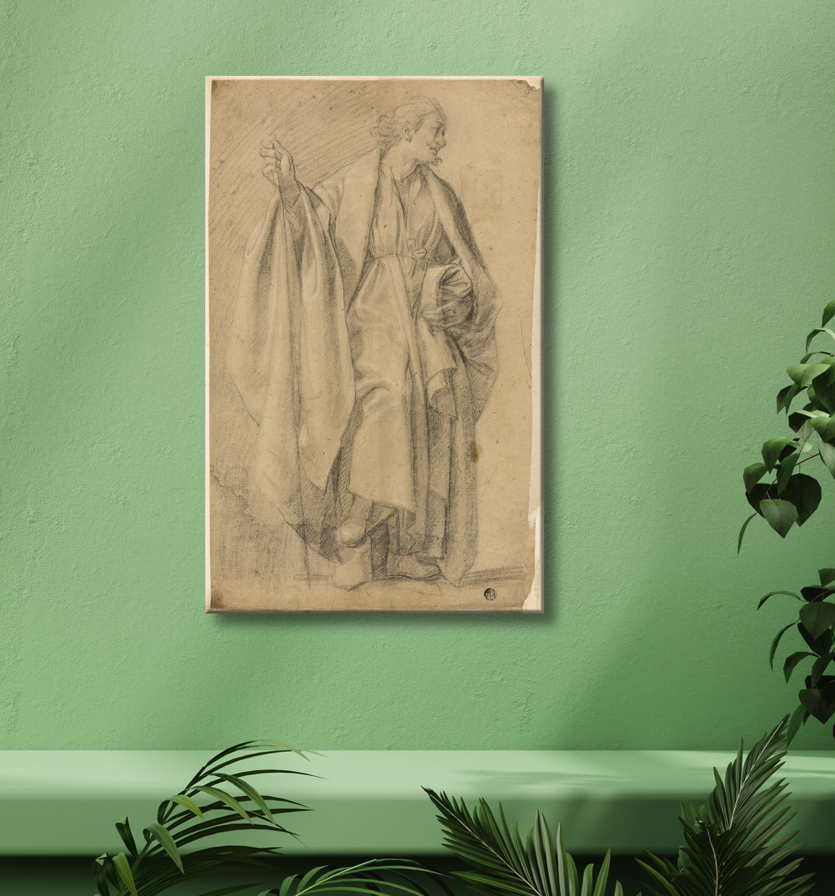 Reproduction Figure masculine drapée debout, tenant un bâton de Eustache Le Sueur avec decor