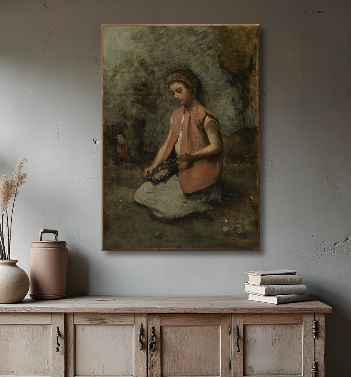 Reproduction Fille tissant une guirlande de Camille Corot avec decor