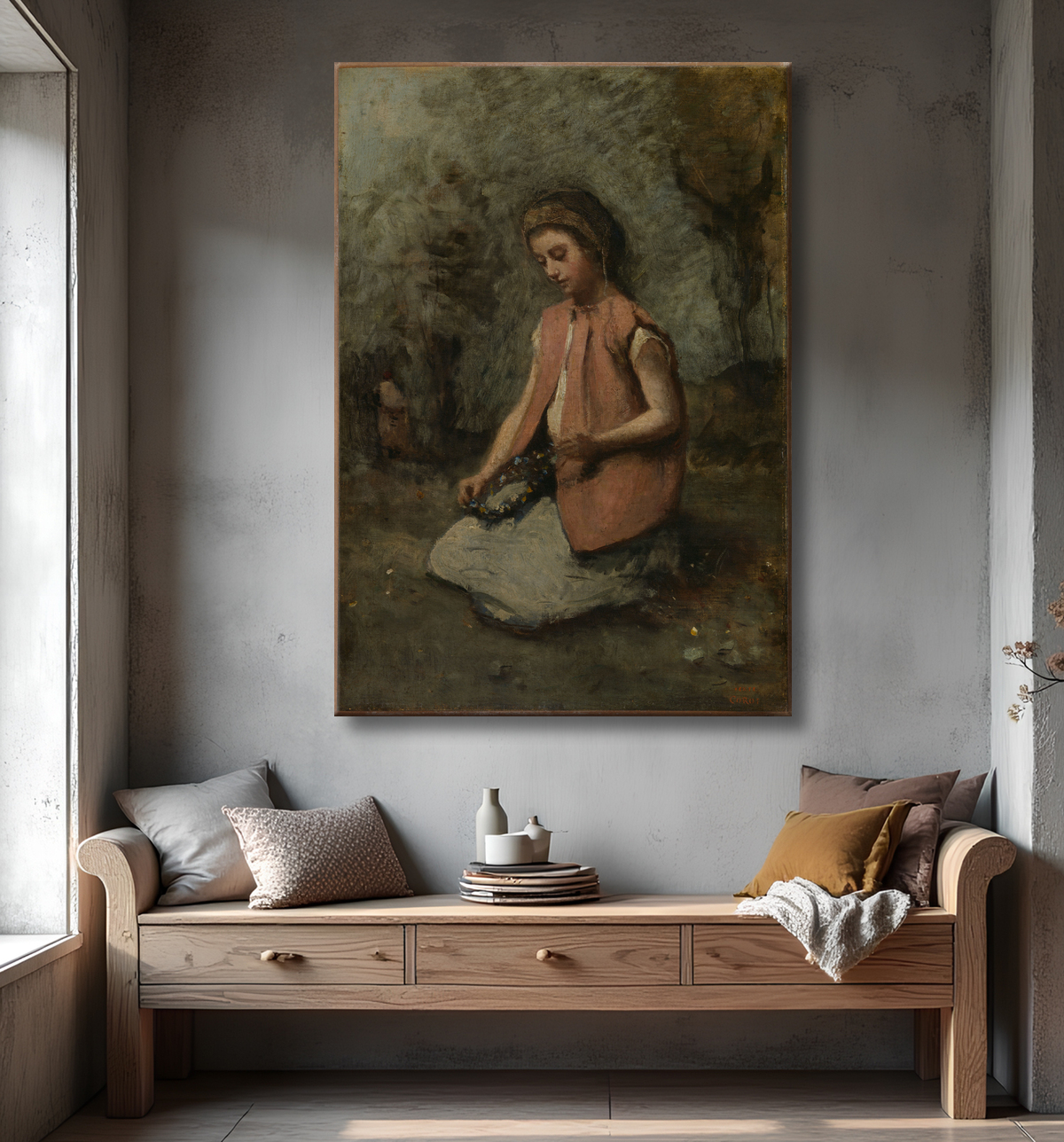 Reproduction Fille tissant une guirlande de Camille Corot avec decor