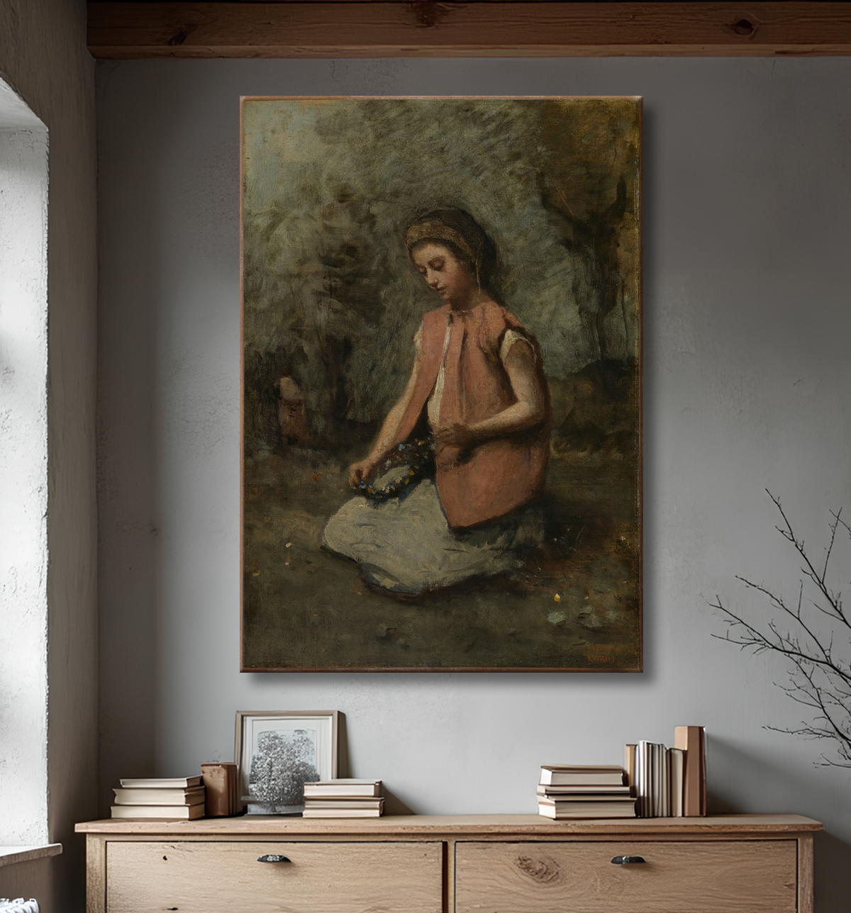 Reproduction Fille tissant une guirlande de Camille Corot avec decor