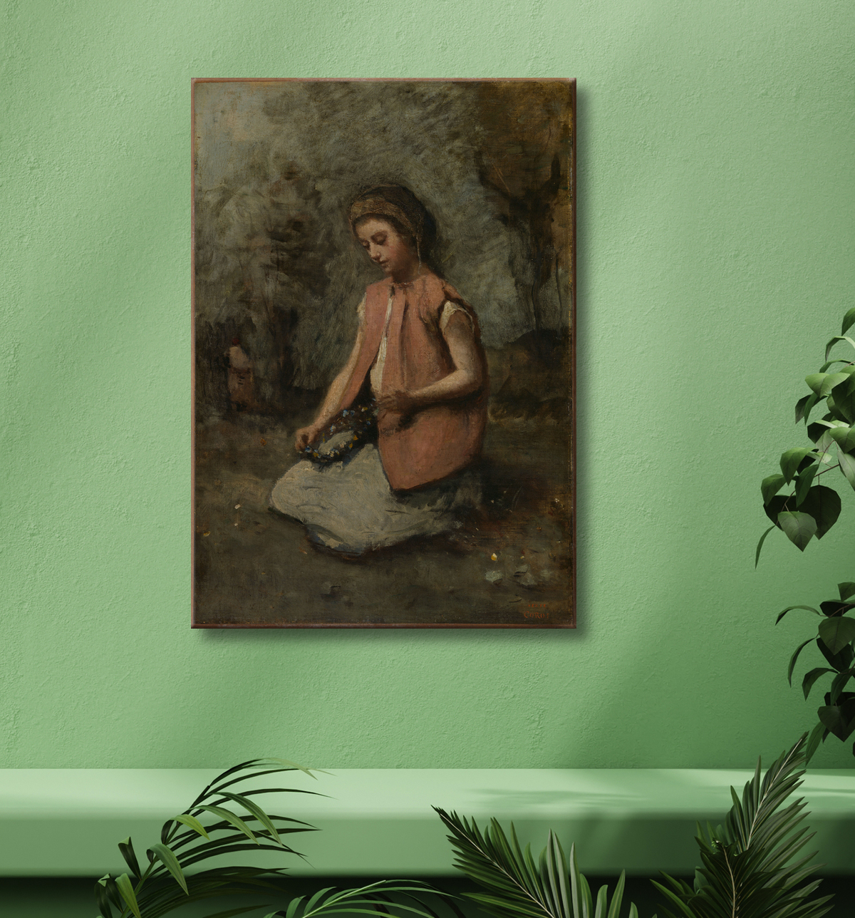 Reproduction Fille tissant une guirlande de Camille Corot avec decor