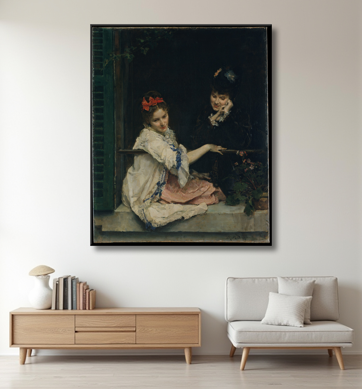 Reproduction Filles à une fenêtre de Raimundo de Madrazo y Garreta avec decor