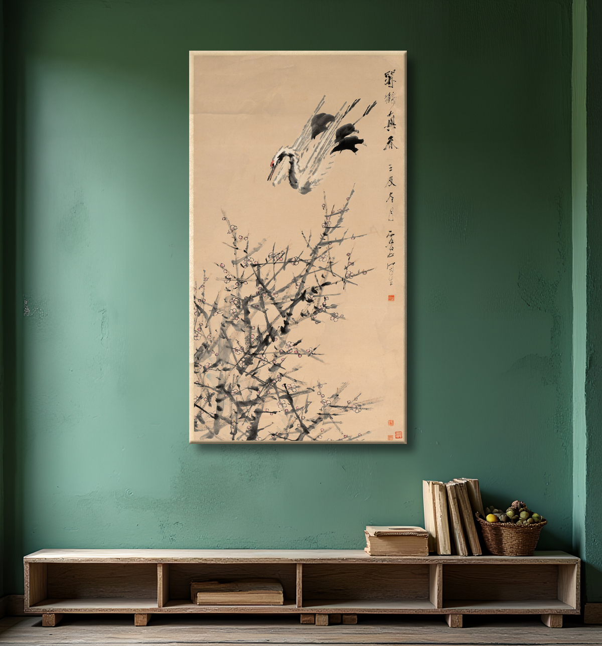 Reproduction Fleurs de prunier, grue et printemps de Xugu avec decor