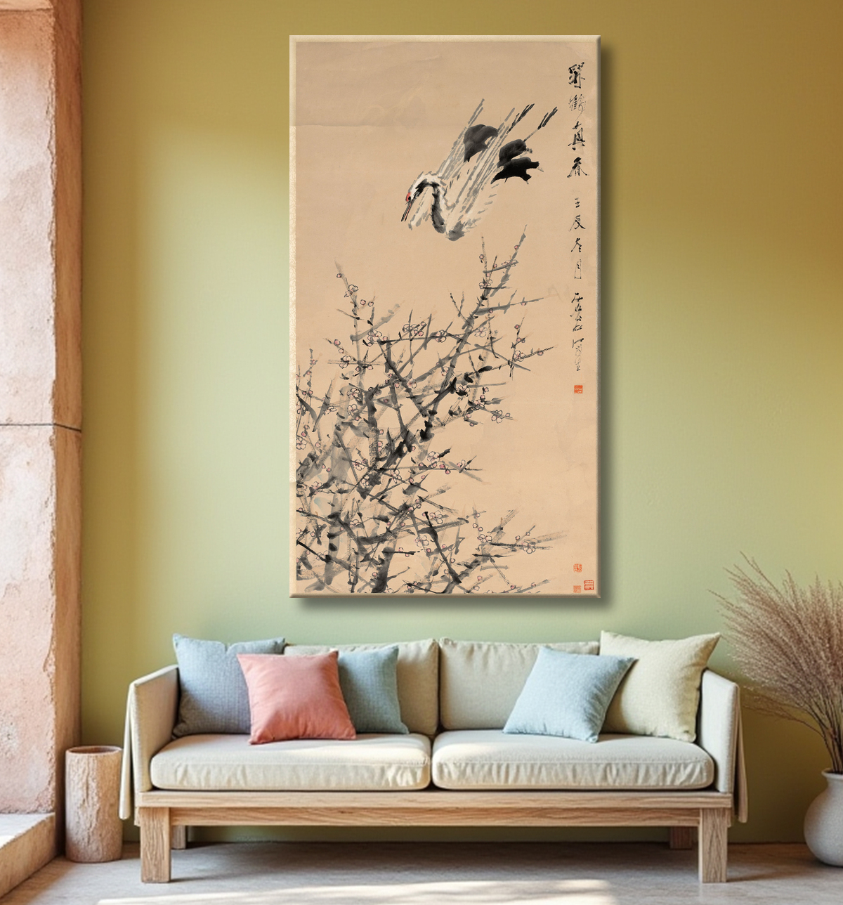 Reproduction Fleurs de prunier, grue et printemps de Xugu avec decor