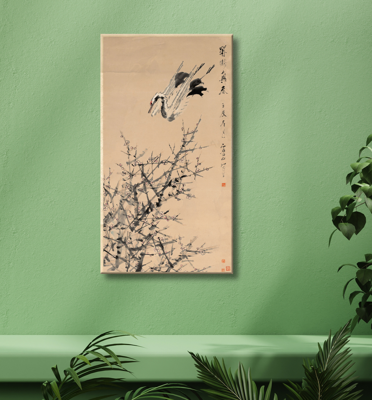 Reproduction Fleurs de prunier, grue et printemps de Xugu avec decor