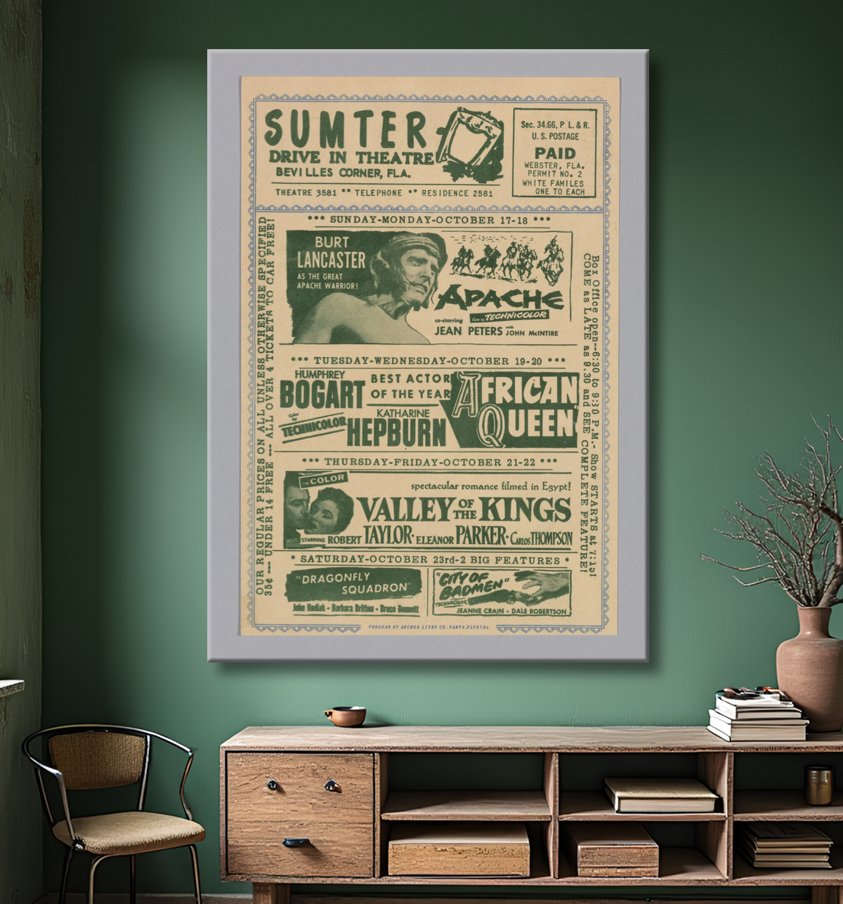 Reproduction Flyer pour le Sumter Drive In Theatre de Sumter Drive In Theatre, American, 1930s - 1986 avec decor