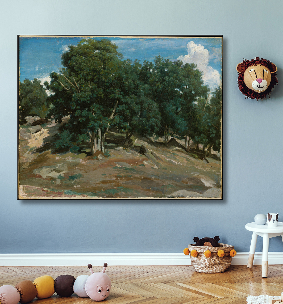 Reproduction Fontainebleau : Chênes du Bas-Bréau de Camille Corot avec decor