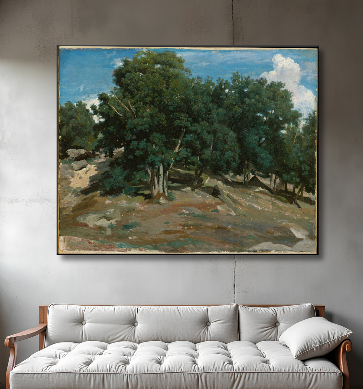 Reproduction Fontainebleau : Chênes du Bas-Bréau de Camille Corot avec decor