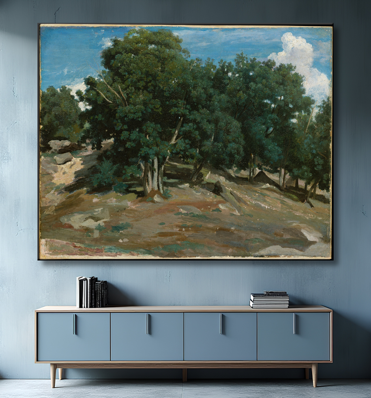 Reproduction Fontainebleau : Chênes du Bas-Bréau de Camille Corot avec decor