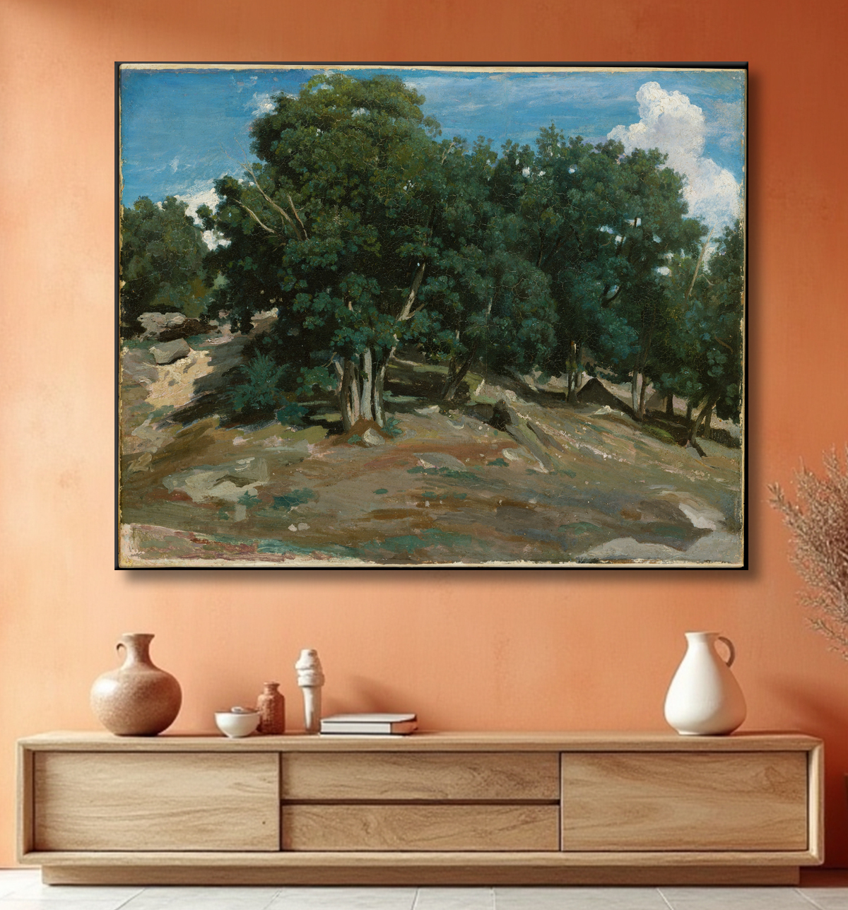 Reproduction Fontainebleau : Chênes du Bas-Bréau de Camille Corot avec decor