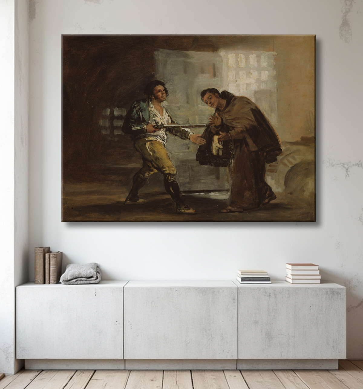 Reproduction Frère Pedro offre des chaussures à El Maragato et se prépare à écarter son arme de Francisco José de Goya y Lucientes avec decor