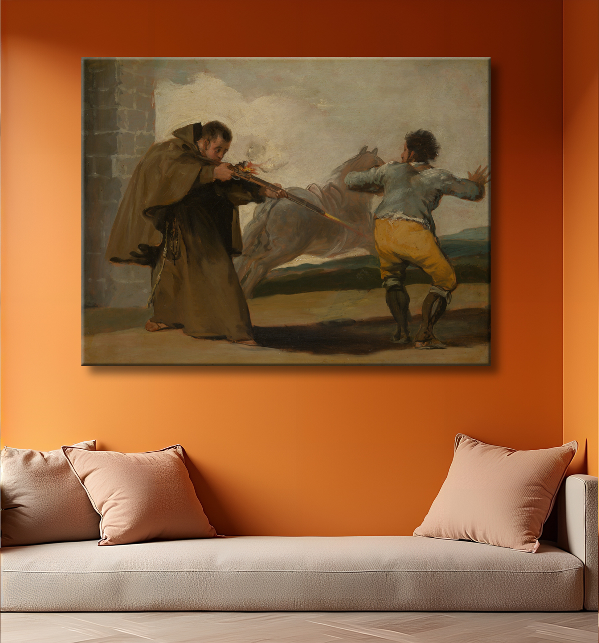 Reproduction Frère Pedro tire sur El Maragato alors que son cheval s'enfuit de Francisco José de Goya y Lucientes avec decor