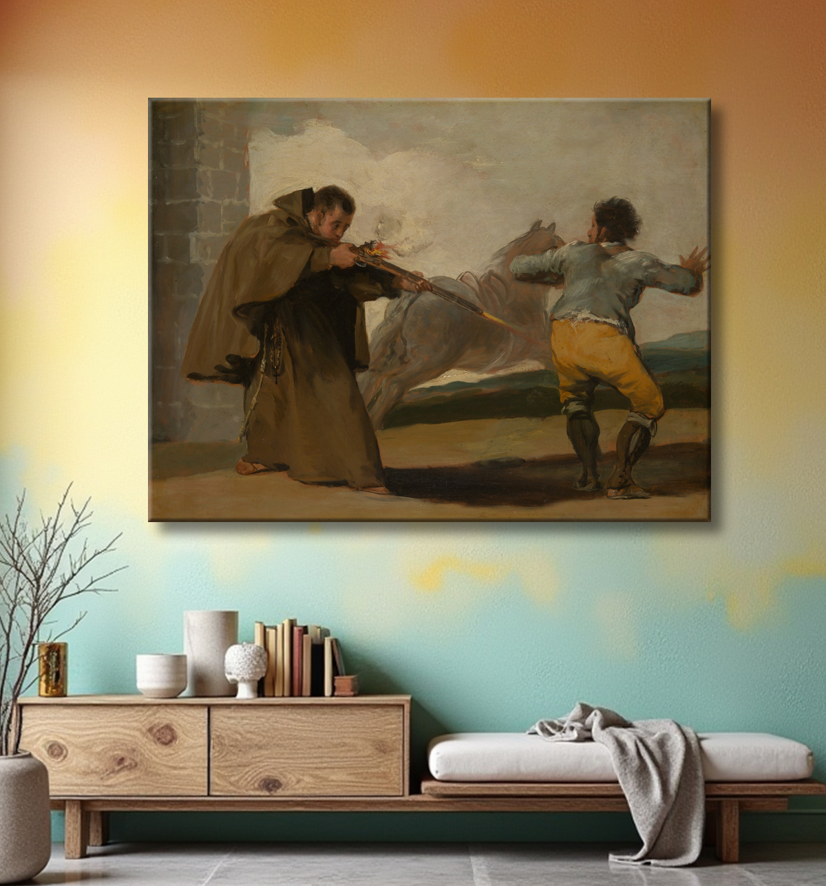 Reproduction Frère Pedro tire sur El Maragato alors que son cheval s'enfuit de Francisco José de Goya y Lucientes avec decor