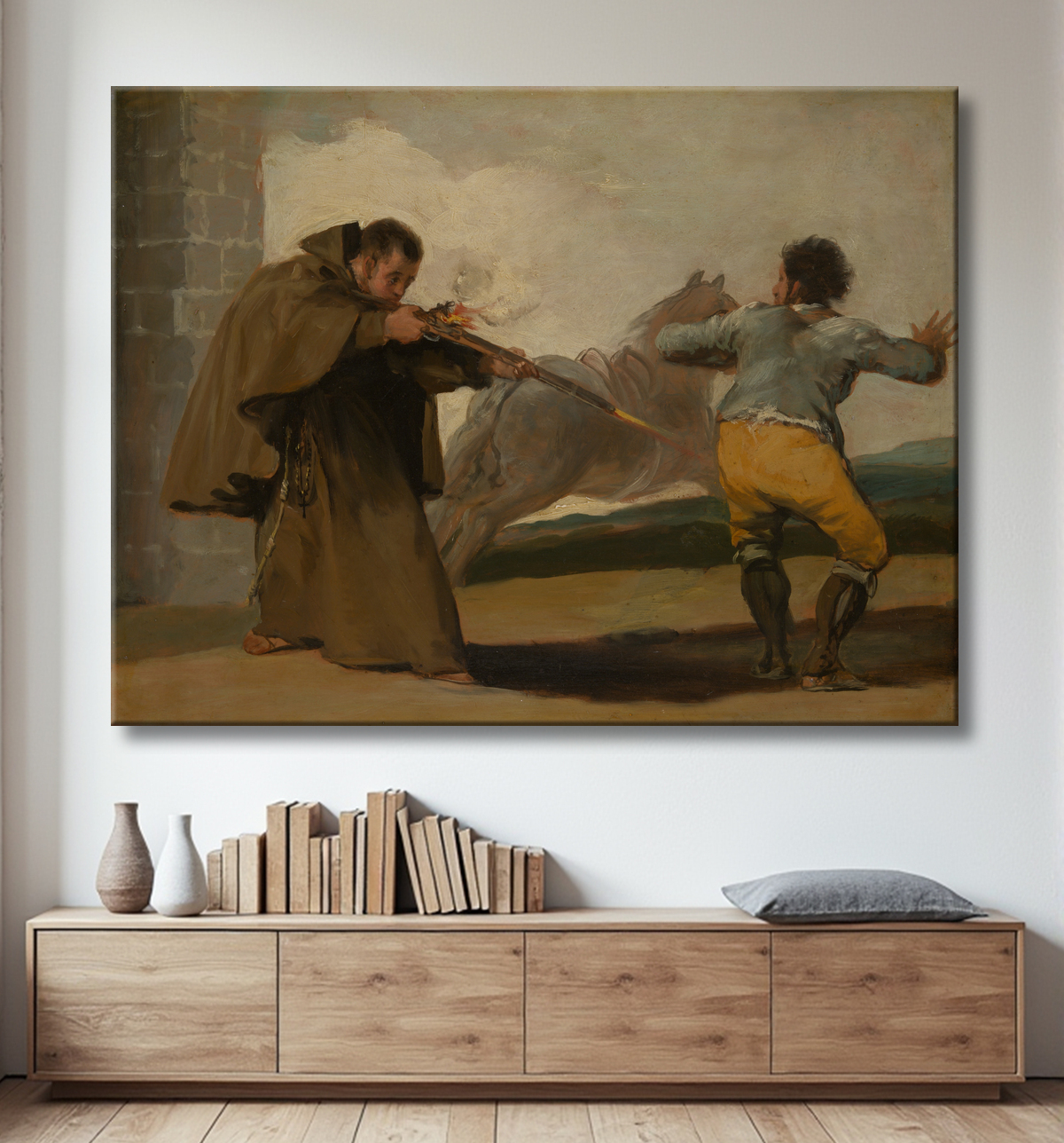 Reproduction Frère Pedro tire sur El Maragato alors que son cheval s'enfuit de Francisco José de Goya y Lucientes avec decor
