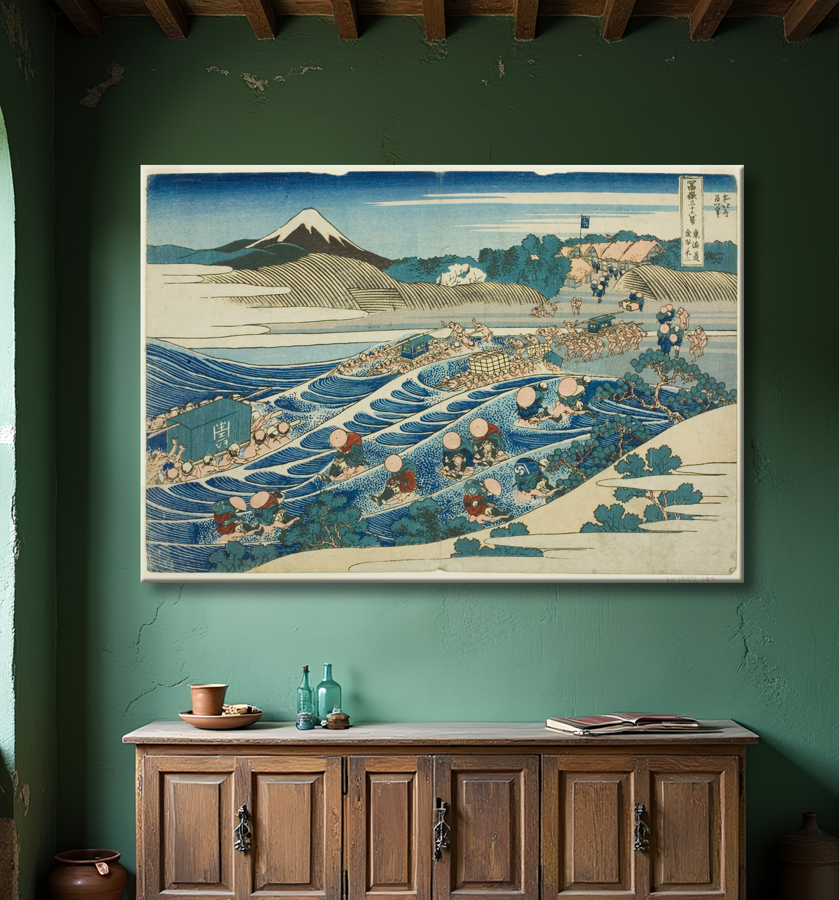 Reproduction Fuji de Kanaya sur le Tokaido (Tokaido Kanaya no Fuji), de la série Thirty-six Views of Mt. Fuji (Fugaku sanjurokkei) de Katsushika Hokusai avec decor