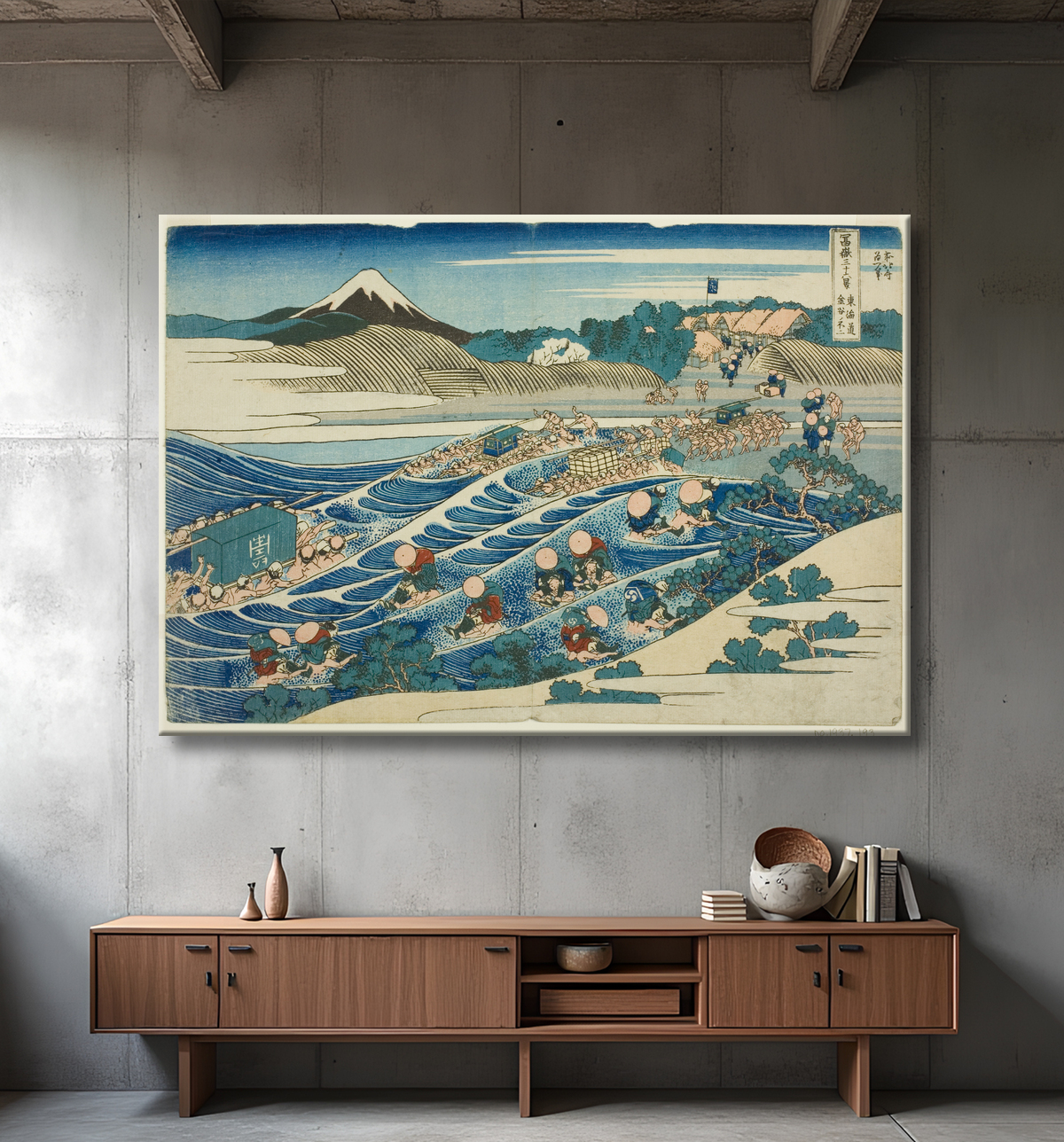 Reproduction Fuji de Kanaya sur le Tokaido (Tokaido Kanaya no Fuji), de la série Thirty-six Views of Mt. Fuji (Fugaku sanjurokkei) de Katsushika Hokusai avec decor