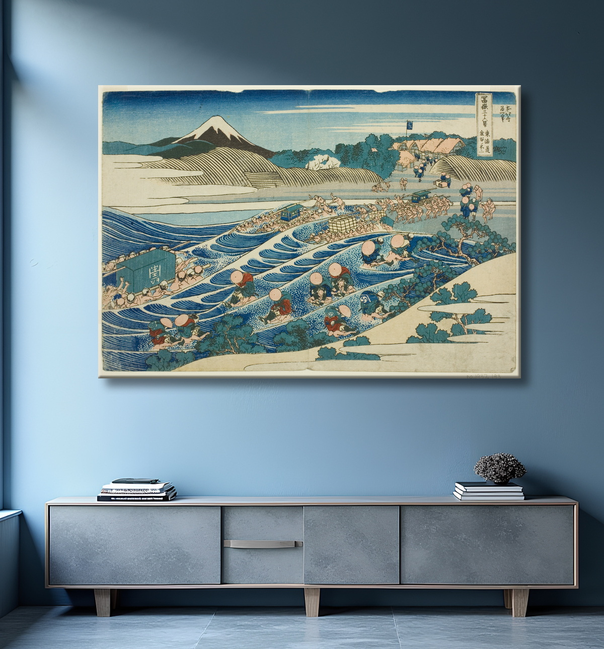 Reproduction Fuji de Kanaya sur le Tokaido (Tokaido Kanaya no Fuji), de la série Thirty-six Views of Mt. Fuji (Fugaku sanjurokkei) de Katsushika Hokusai avec decor