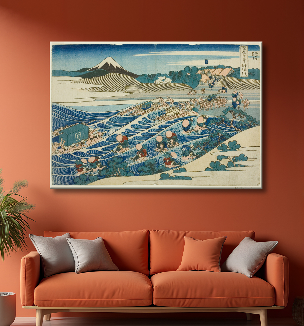Reproduction Fuji de Kanaya sur le Tokaido (Tokaido Kanaya no Fuji), de la série Thirty-six Views of Mt. Fuji (Fugaku sanjurokkei) de Katsushika Hokusai avec decor