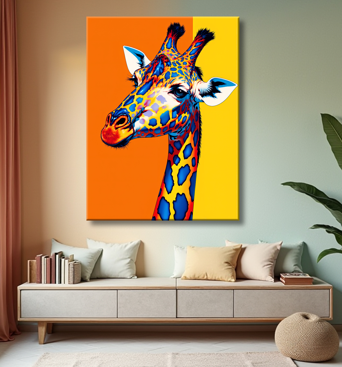 Tableau moderne de girafe en pop art : une création éclatante aux couleurs dynamiques et audacieuses. Fabrication française sur-mesure.