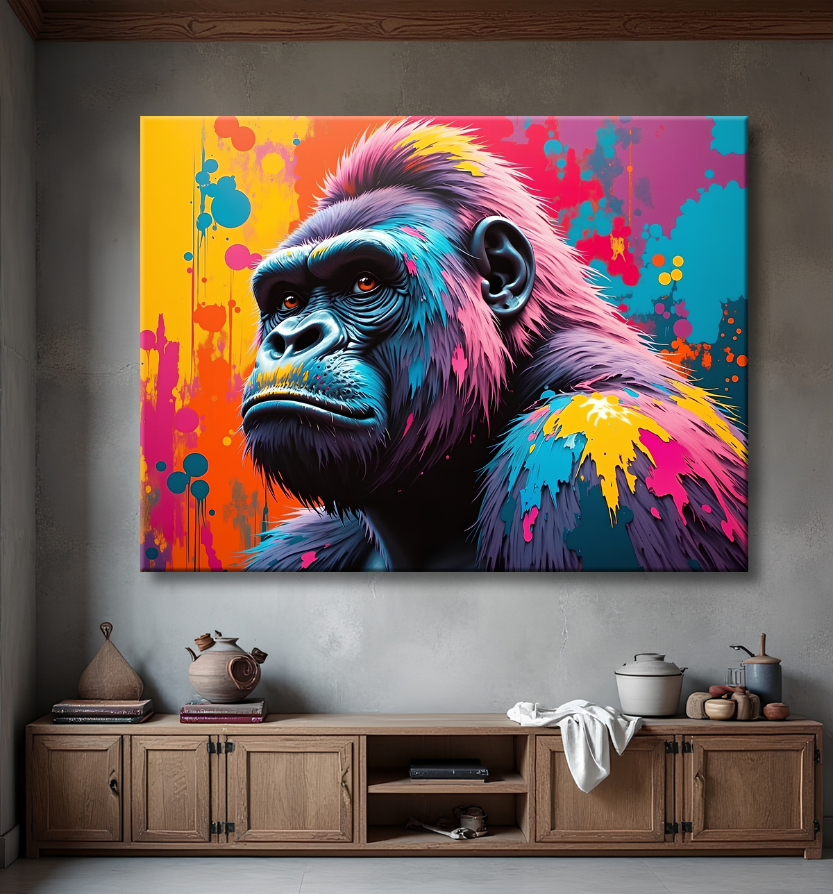 Tableau gorille pop art - Couleurs saturées et design graphique avec decor