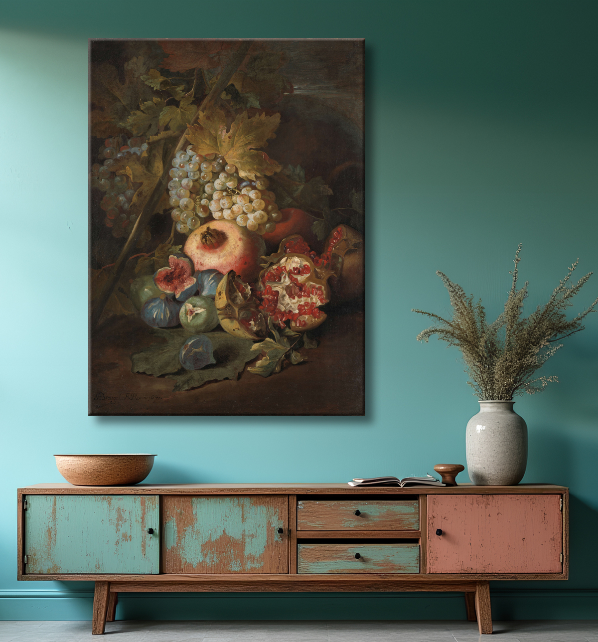 Reproduction Grappes de raisins, grenades et figues dans un paysage de Abraham Brueghel avec decor
