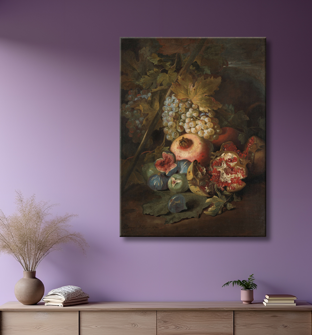 Reproduction Grappes de raisins, grenades et figues dans un paysage de Abraham Brueghel avec decor