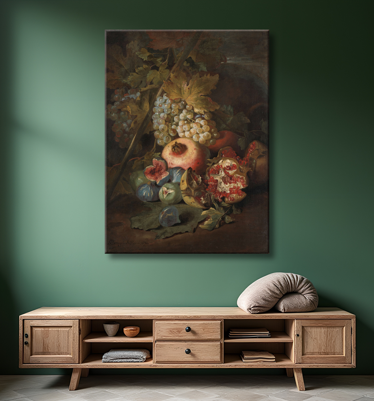 Reproduction Grappes de raisins, grenades et figues dans un paysage de Abraham Brueghel avec decor