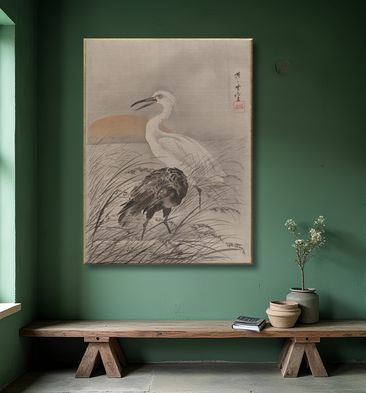 Reproduction Grues dans les marais de Kawanabe Kyōsai 河鍋暁斎 avec decor