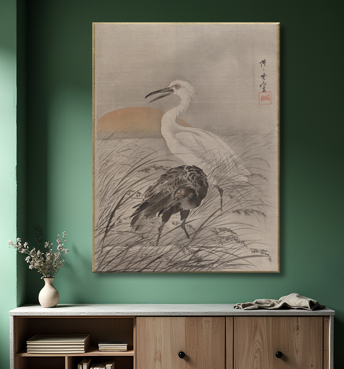 Reproduction Grues dans les marais de Kawanabe Kyōsai 河鍋暁斎 avec decor