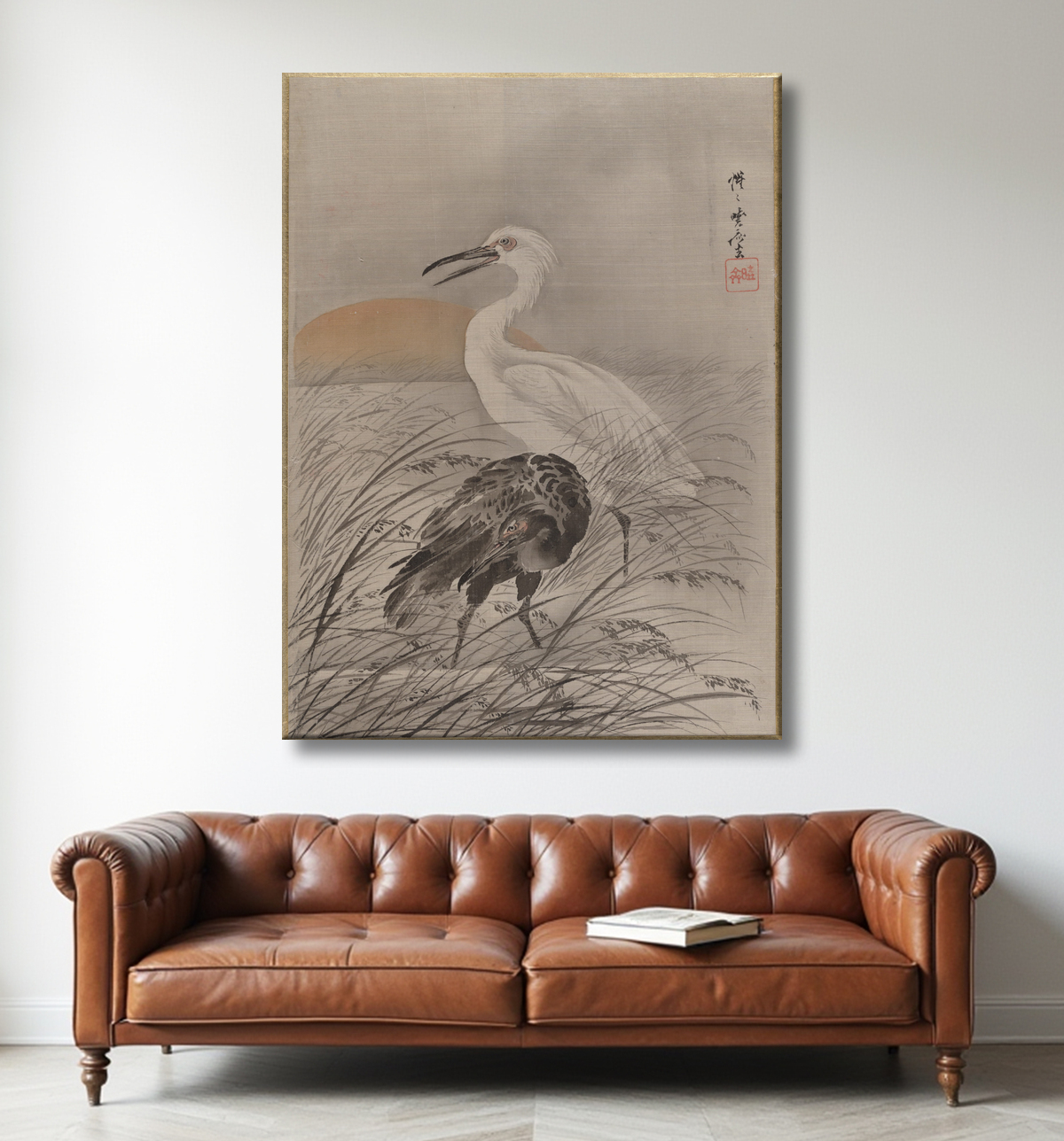 Reproduction Grues dans les marais de Kawanabe Kyōsai 河鍋暁斎 avec decor