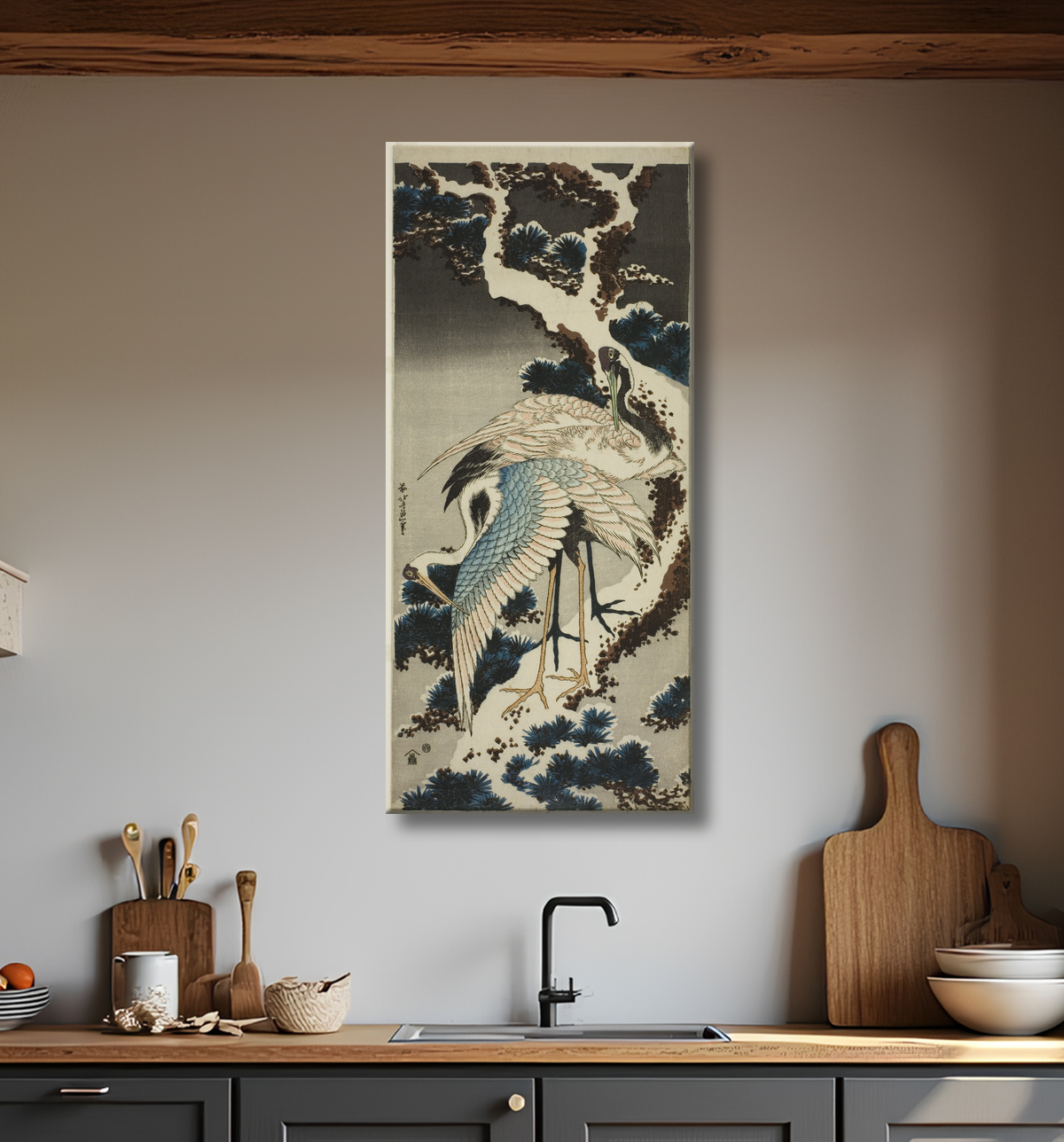 Reproduction Grues sur pin enneigé de Katsushika Hokusai avec decor