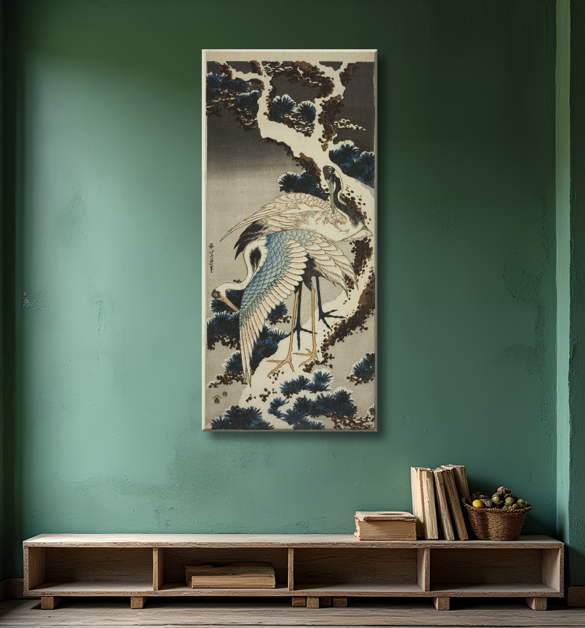 Reproduction Grues sur pin enneigé de Katsushika Hokusai avec decor