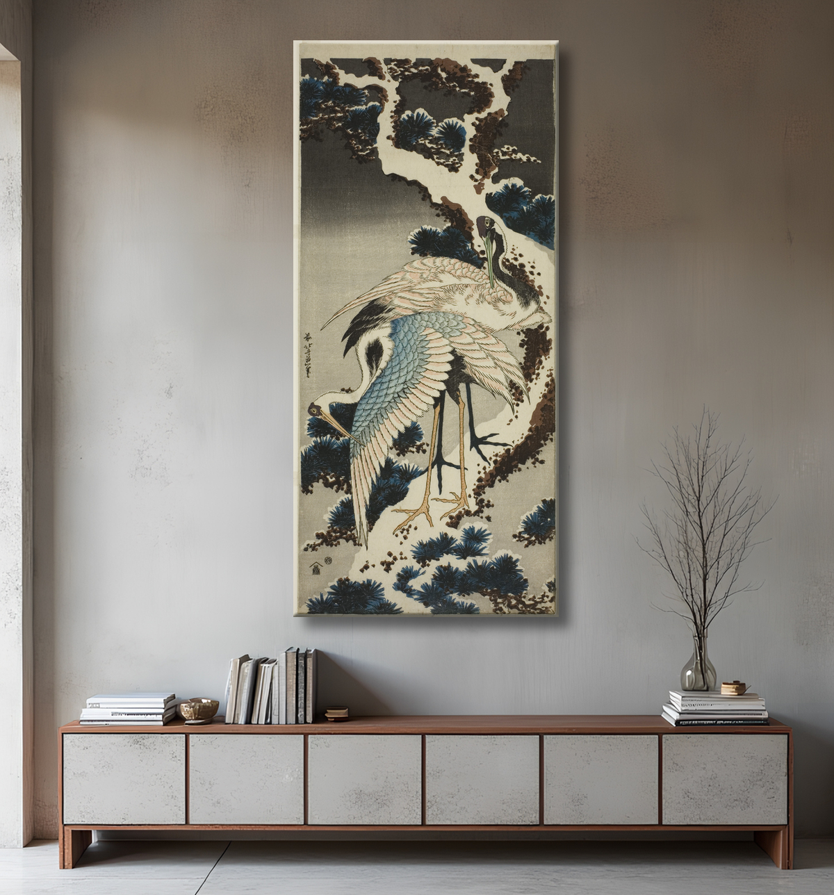 Reproduction Grues sur pin enneigé de Katsushika Hokusai avec decor