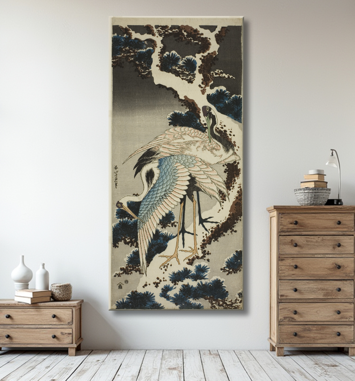 Reproduction Grues sur pin enneigé de Katsushika Hokusai avec decor