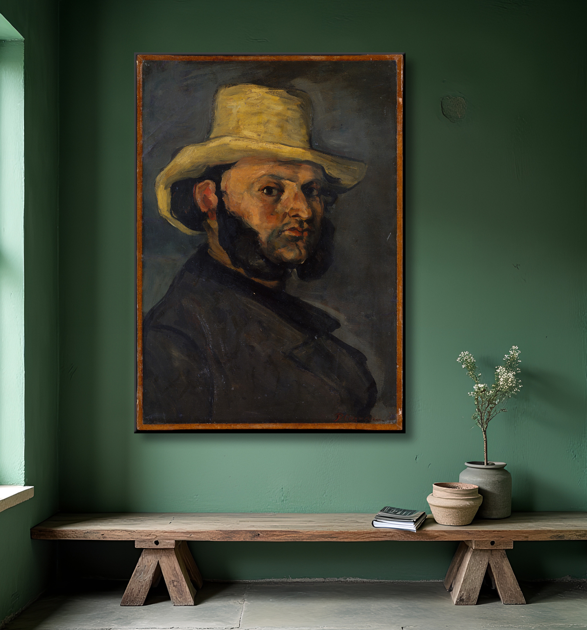 Reproduction Gustave Boyer (né en 1840) au chapeau de paille de Paul Cézanne avec decor