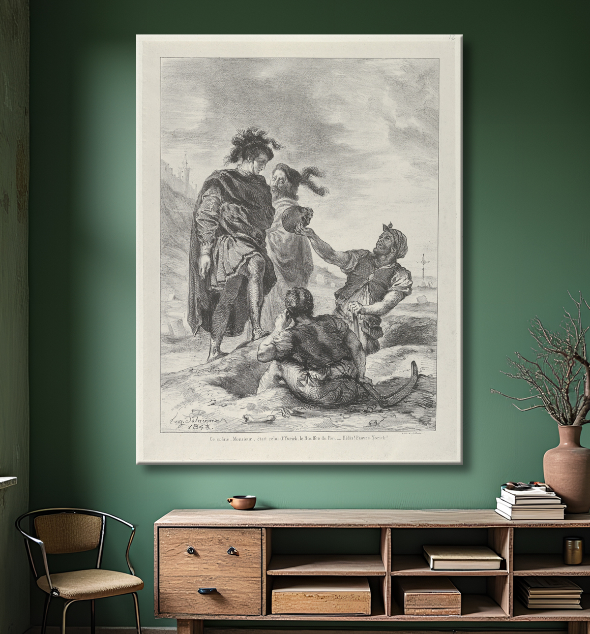 Reproduction Hamlet et Horatio devant les Fossoyeurs de Eugène Delacroix avec decor