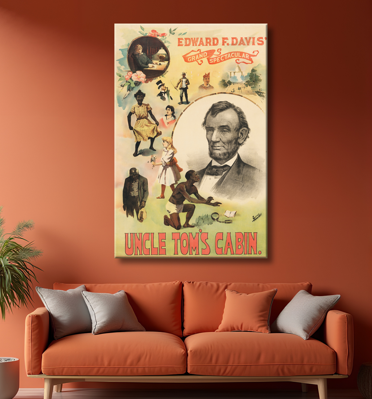 Reproduction Harriet Beecher Stowe et Abraham Lincoln de Erie Lithography Co., active 1890 - 1900? avec decor
