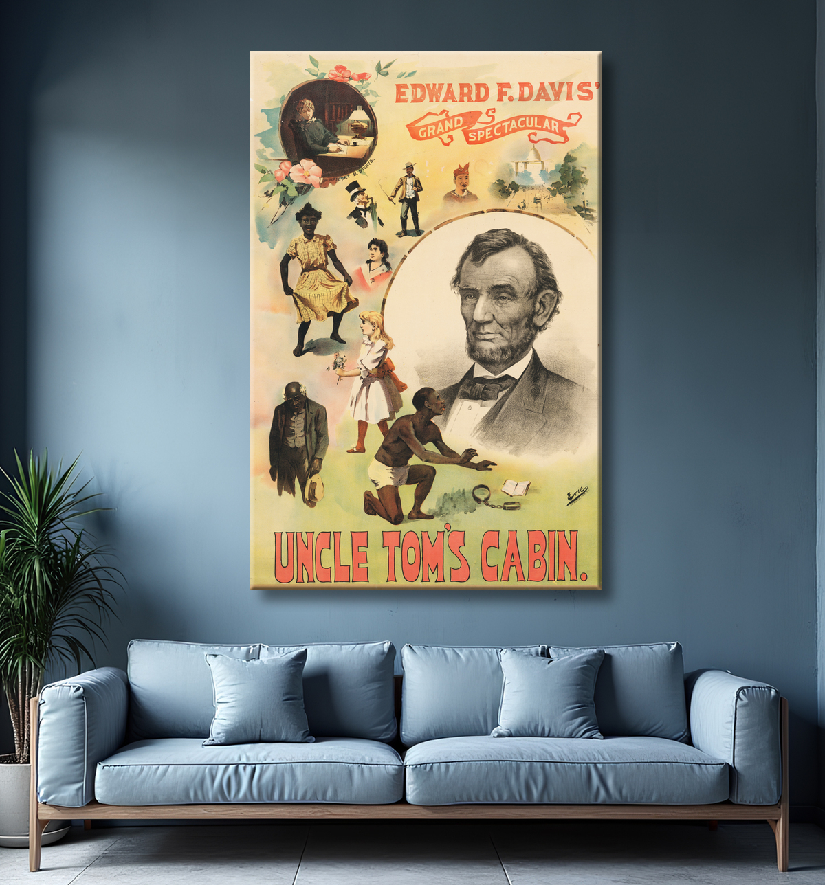 Reproduction Harriet Beecher Stowe et Abraham Lincoln de Erie Lithography Co., active 1890 - 1900? avec decor
