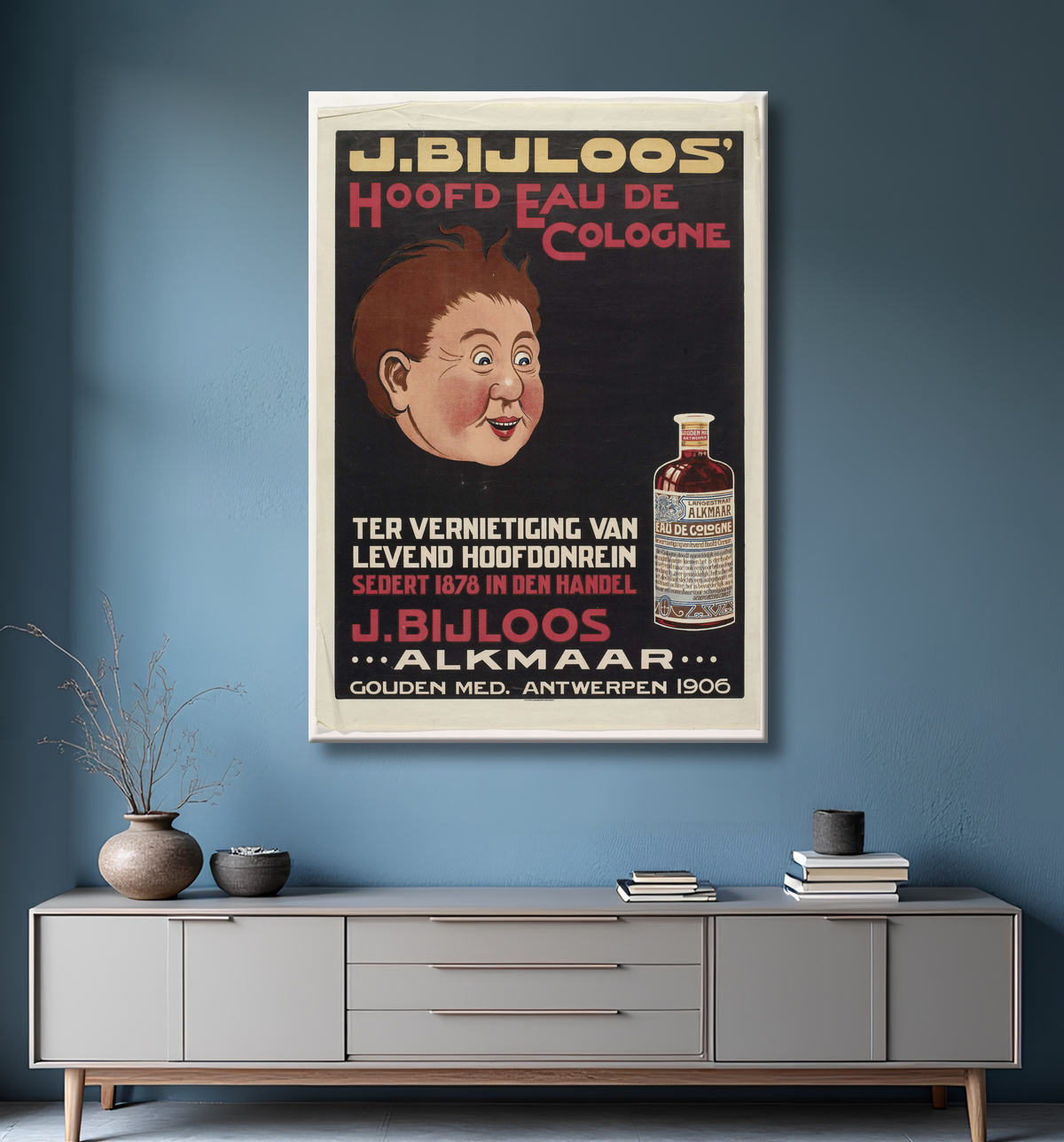 Reproduction Head Eau de Cologne de J. Bijloos pour la destruction de la tête vivante impure. J. Bijloos Alkmaar. or méd. Anvers 1906 de M.A. Jacobson avec decor