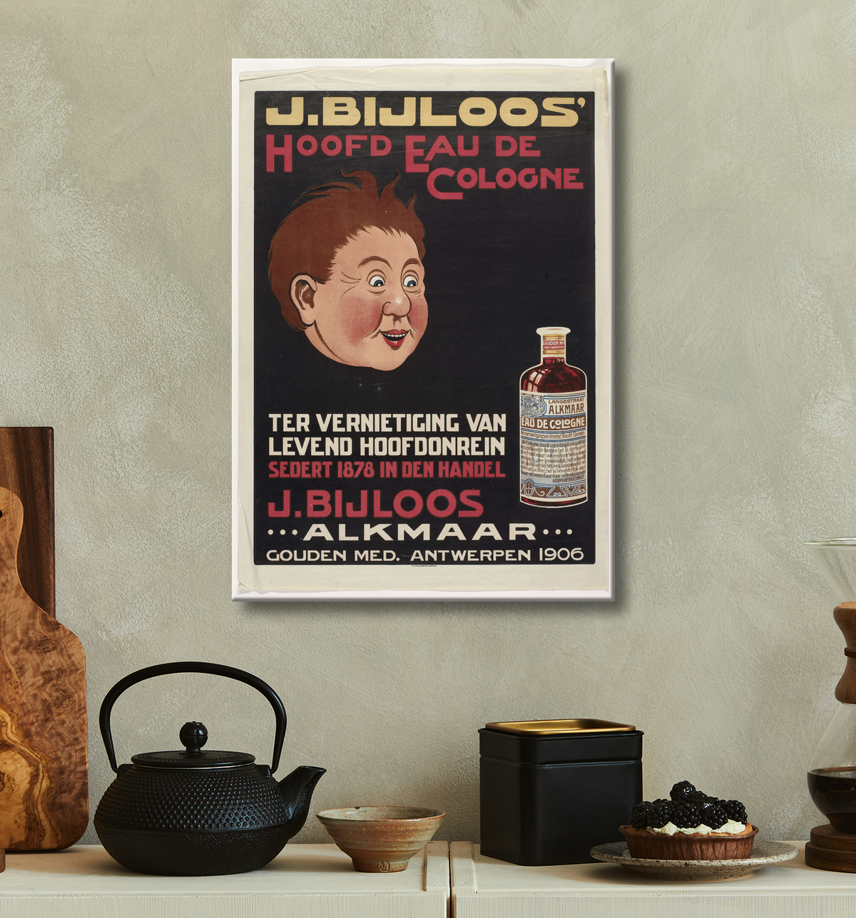 Reproduction Head Eau de Cologne de J. Bijloos pour la destruction de la tête vivante impure. J. Bijloos Alkmaar. or méd. Anvers 1906 de M.A. Jacobson avec decor