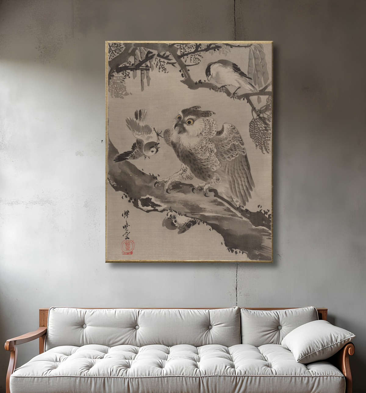Reproduction Hibou moqué par les petits oiseaux de Kawanabe Kyōsai 河鍋暁斎 avec decor