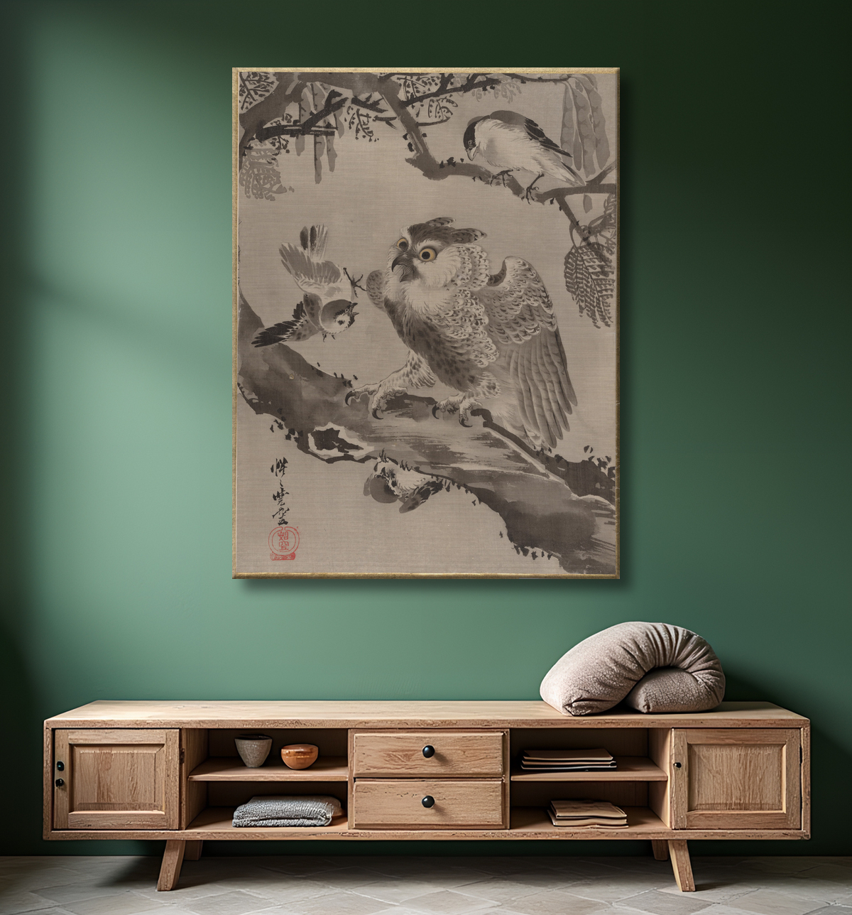 Reproduction Hibou moqué par les petits oiseaux de Kawanabe Kyōsai 河鍋暁斎 avec decor