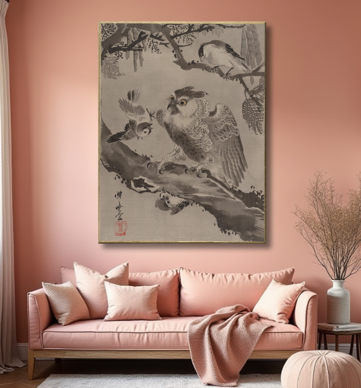 Reproduction Hibou moqué par les petits oiseaux de Kawanabe Kyōsai 河鍋暁斎 avec decor