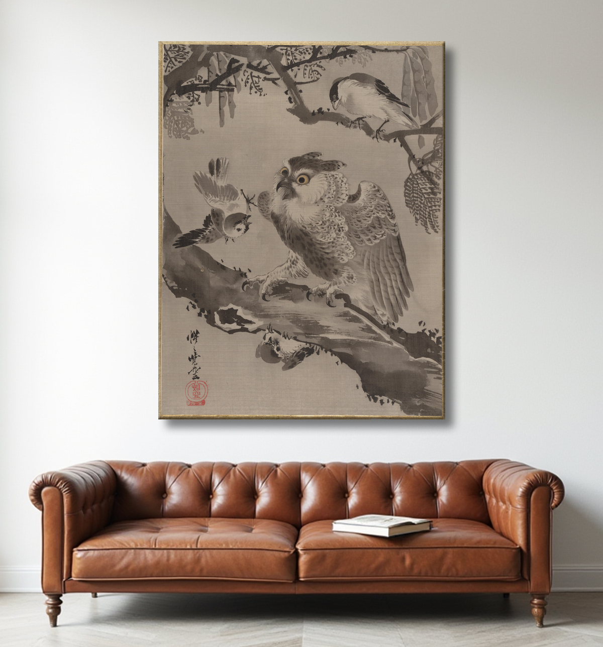 Reproduction Hibou moqué par les petits oiseaux de Kawanabe Kyōsai 河鍋暁斎 avec decor