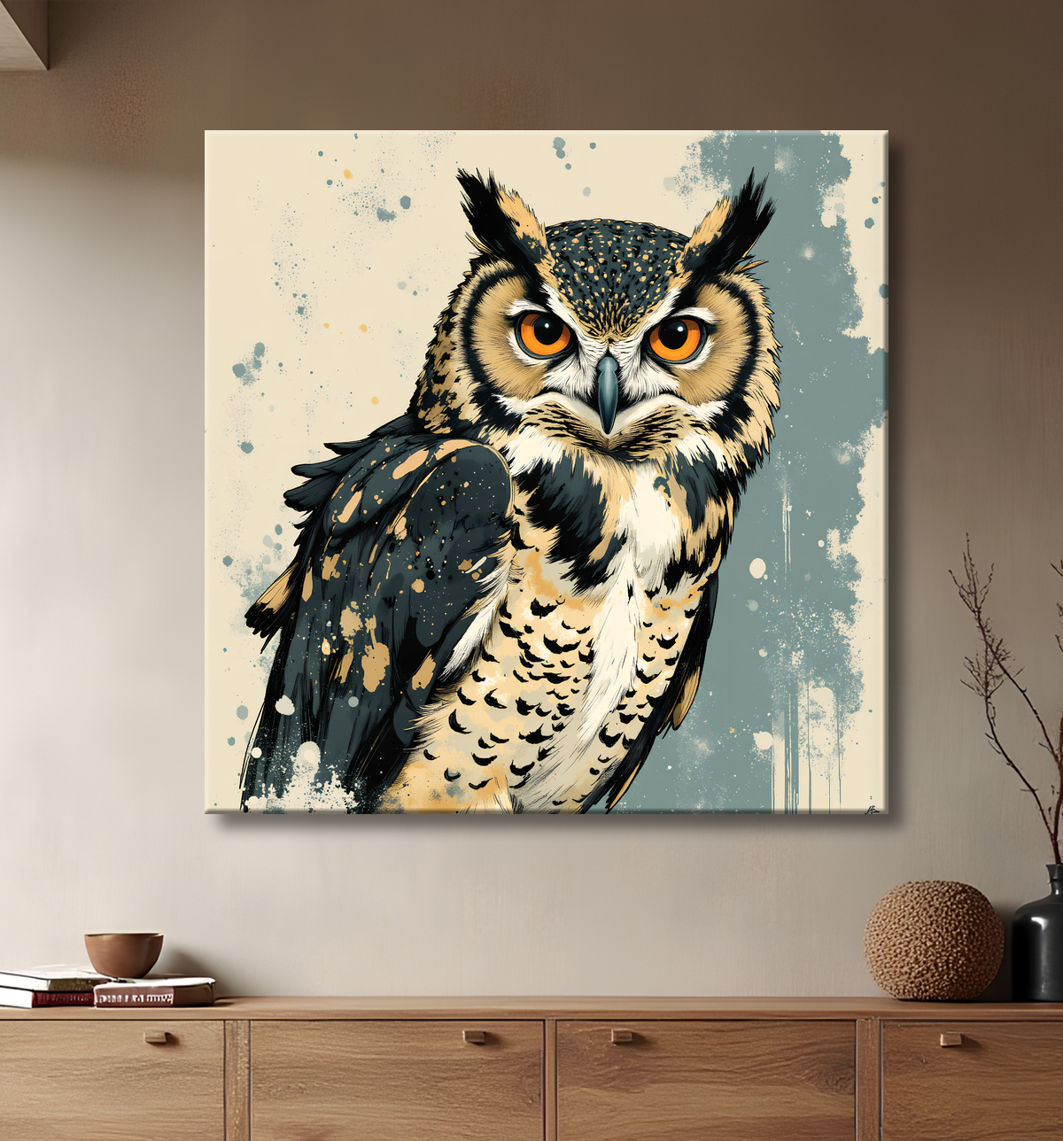 Tableau hibou moderne - Peinture animalière expressive et graphique avec decor