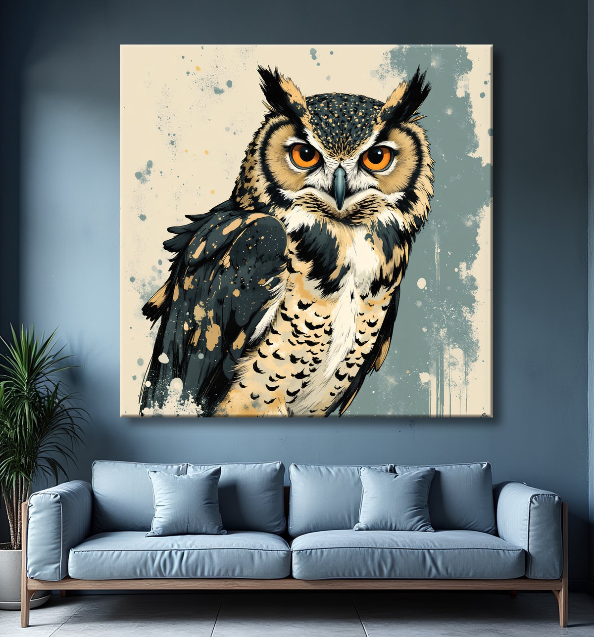 Tableau hibou moderne - Peinture animalière expressive et graphique avec decor