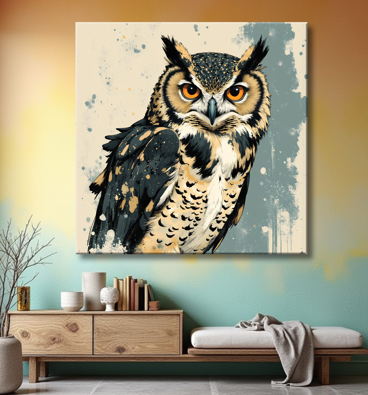 Tableau hibou moderne - Peinture animalière expressive et graphique avec decor