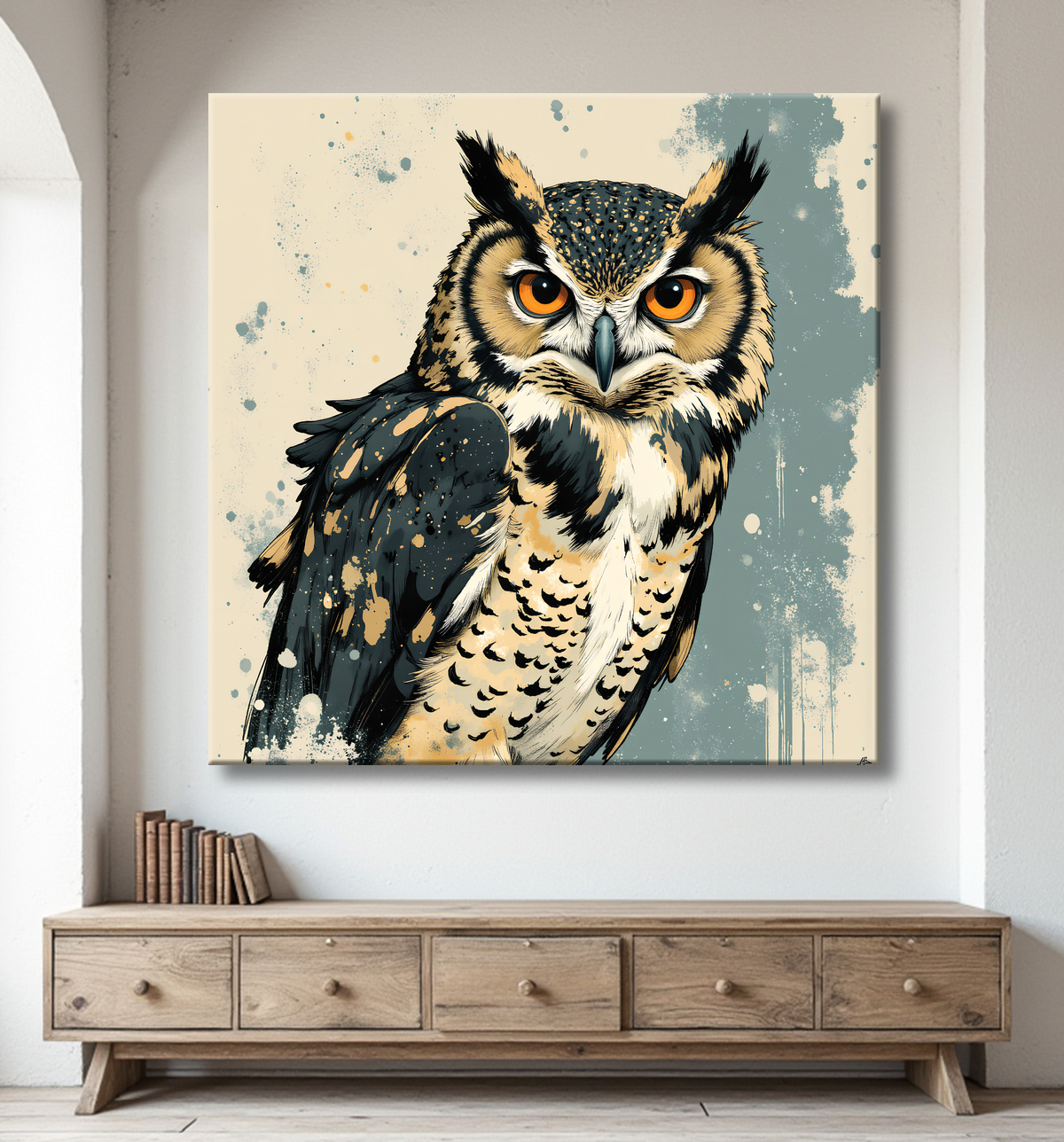 Tableau hibou moderne - Peinture animalière expressive et graphique avec decor