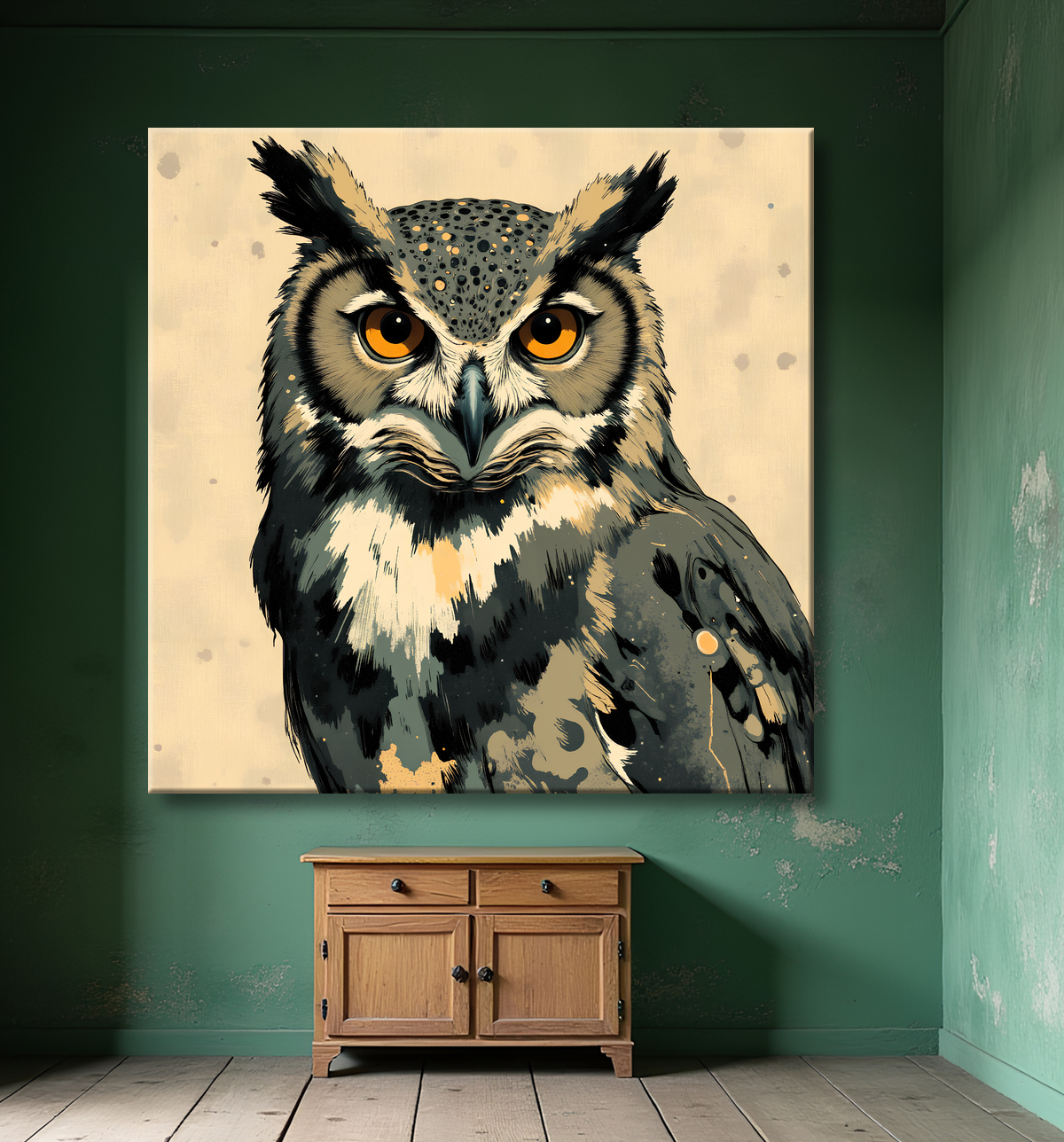 Tableau hibou moderne - Peinture animalière expressive et graphique avec decor